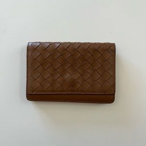 Authentic Bottega Veneta camel tan woven calfskin business card holder wallet